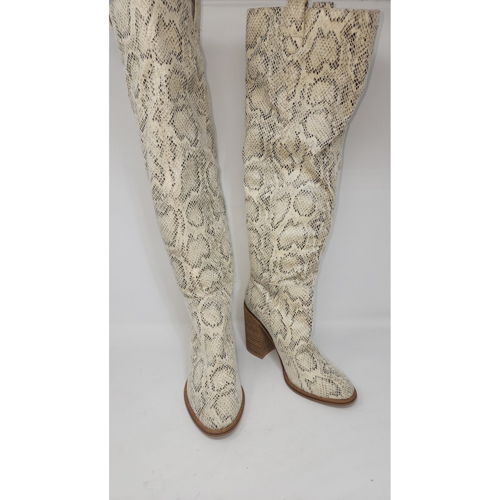 Mi.iM Over The Knee Boots Women Sz 6 Cream Grey Snakeskin Block Heel Pointed Toe